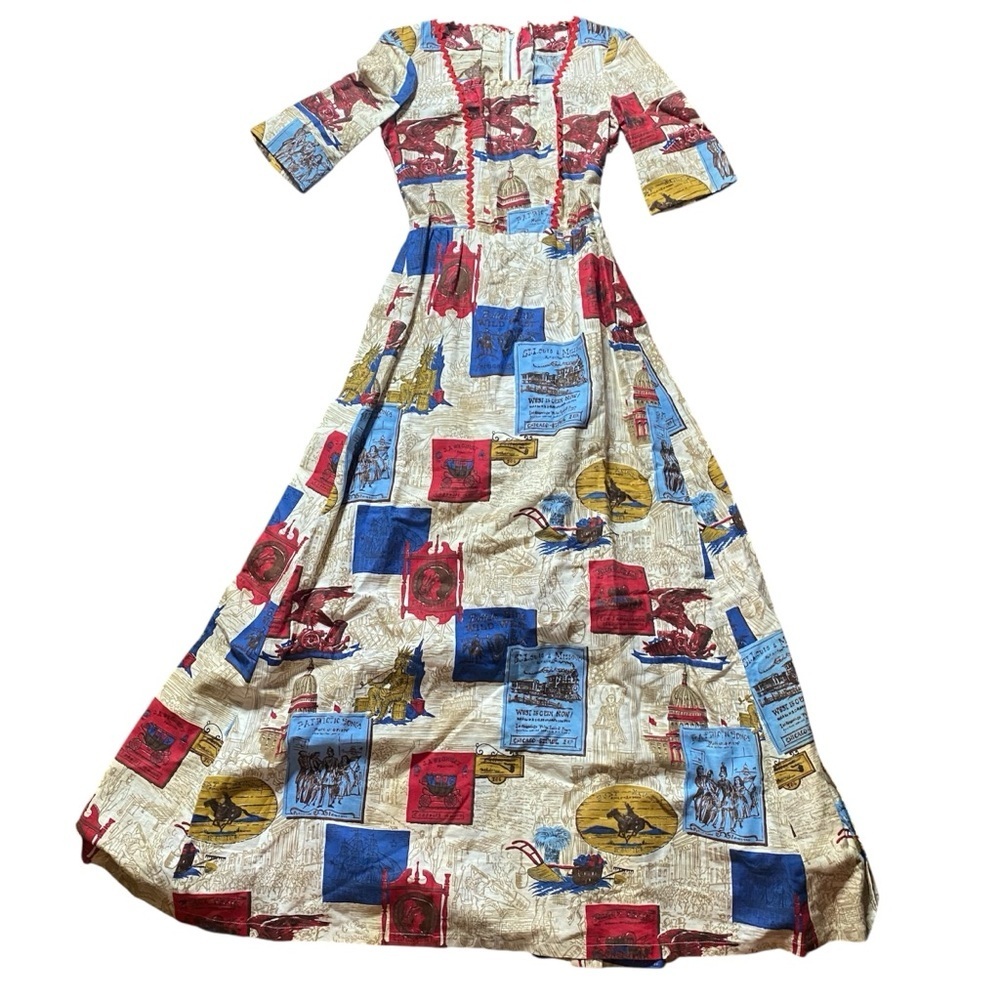 Vintage Handmade Patriotic Travel Poster Print Maxi Dress S